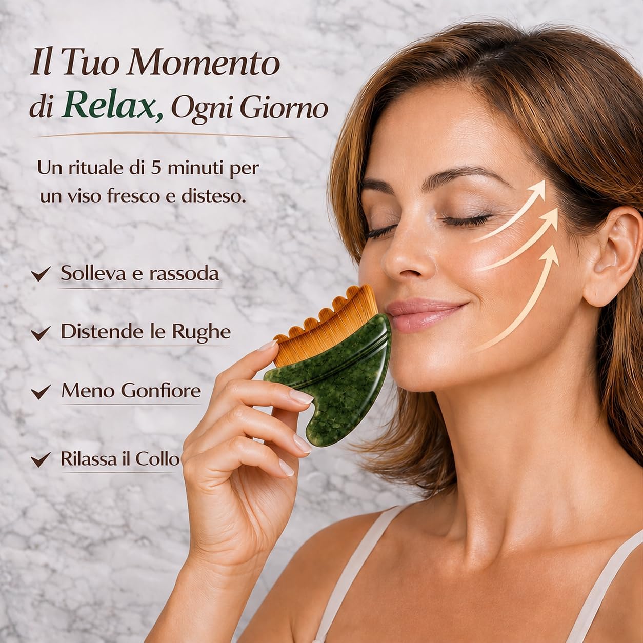 Detalle 1 de Gua Sha Viso in Giada Naturale 2 in 1 Aerthys – Massaggiatore Linfodrenante per Contorno Occhi, Viso e Mandibola
