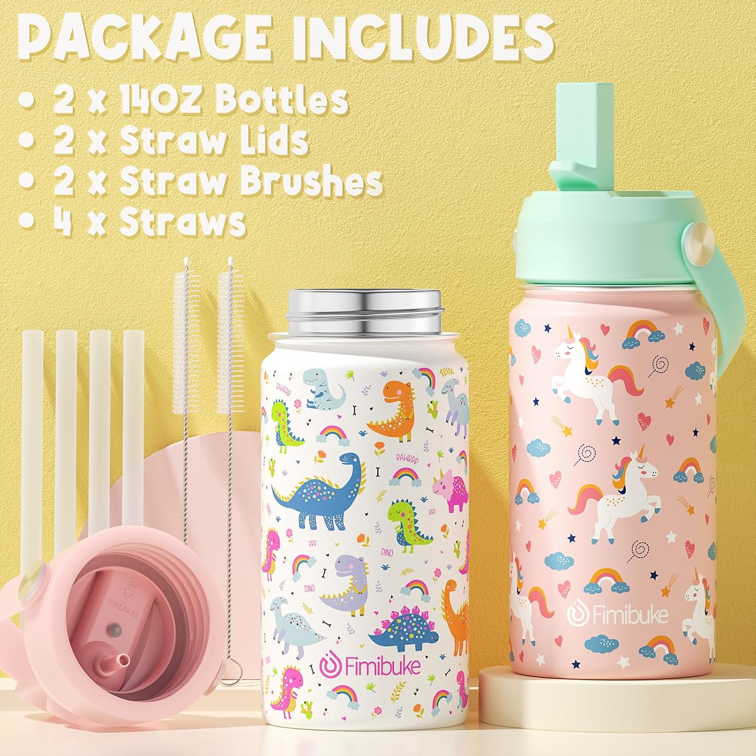 Detalle 2 de Fimibuke Kids Insulated Water Bottle (14oz) BPA-Free Double-Wall Vacuum Tumbler, Leak-Proof Straw Cups — 2-Pack (Unicorn/White Dinosaur)