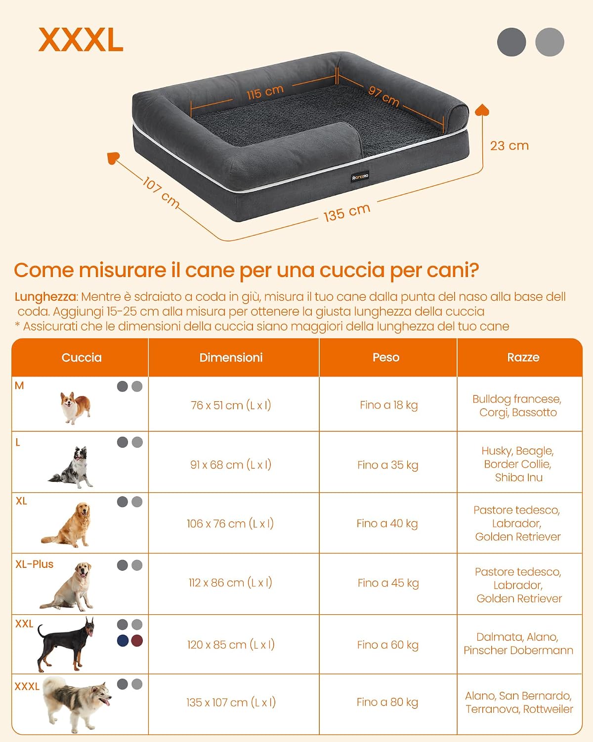 Detalle de Feandrea cuccia ortopedica per cani con bordi rialzati e copertura sfoderabile, 135 x 107 x 23 cm (grigio scuro PGW079G01)