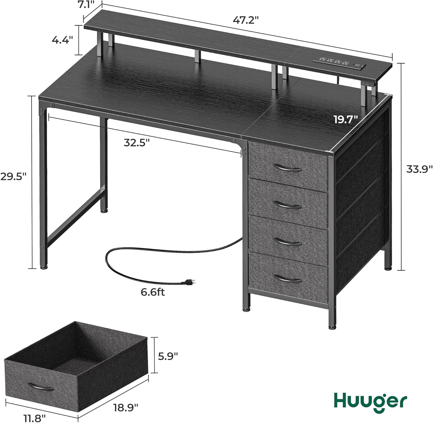 Thumbnail 1 de Huuger 47 Inch Computer Desk with Power Outlets and LED Lights (4 Drawers, Monitor Stand)