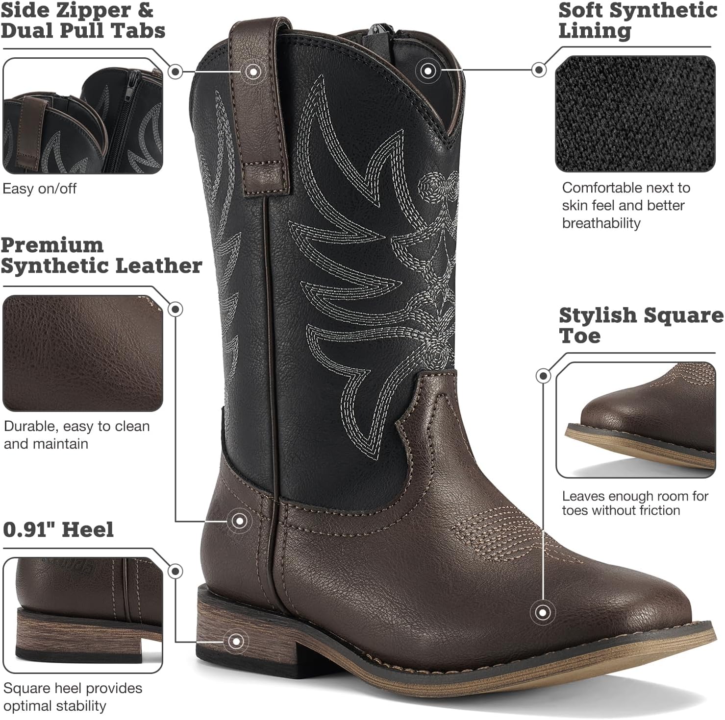 Thumbnail 3 de Rollda Kids Cowboy Boots, Square Toe Western Pull-On Boots for Boys and Girls