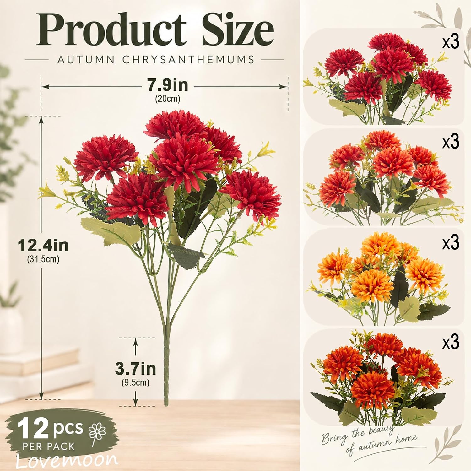 Thumbnail 4 de lovemoon FALL MUMS Artificial Chrysanthemums, 12-Piece UV-Resistant Fall Decor