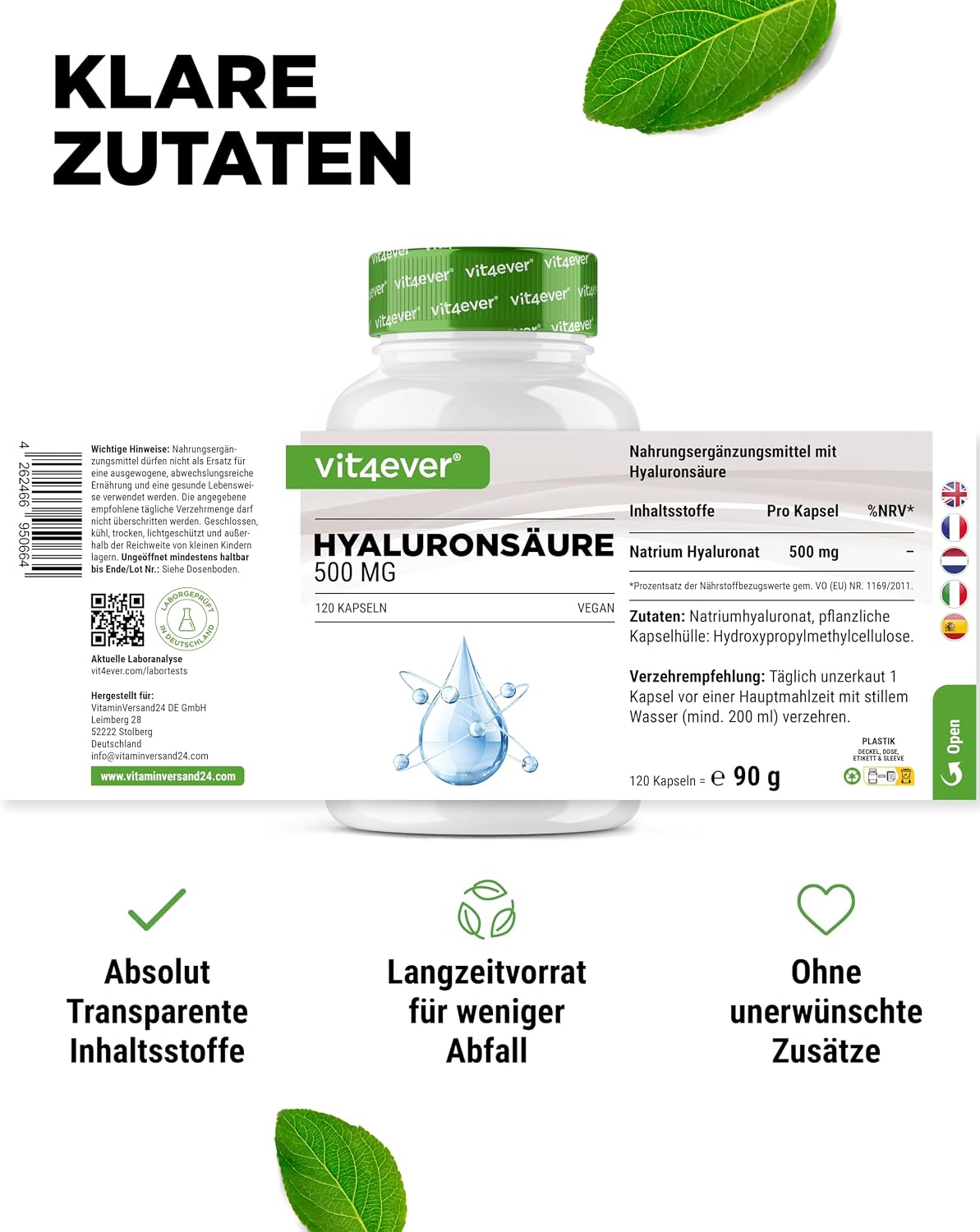 Detalle 1 de vit4ever Hyaluronsäure - 120 Kapseln mit 500 mg Hyaluron für 4 Monate - 500-700 kDa - Aus pflanzlicher Fermentation - Ohne unerwünschte Zusätze, hochdosiert, vegan
vit4ever Hyaluronsäure - 120 Kapseln mit 500 mg…