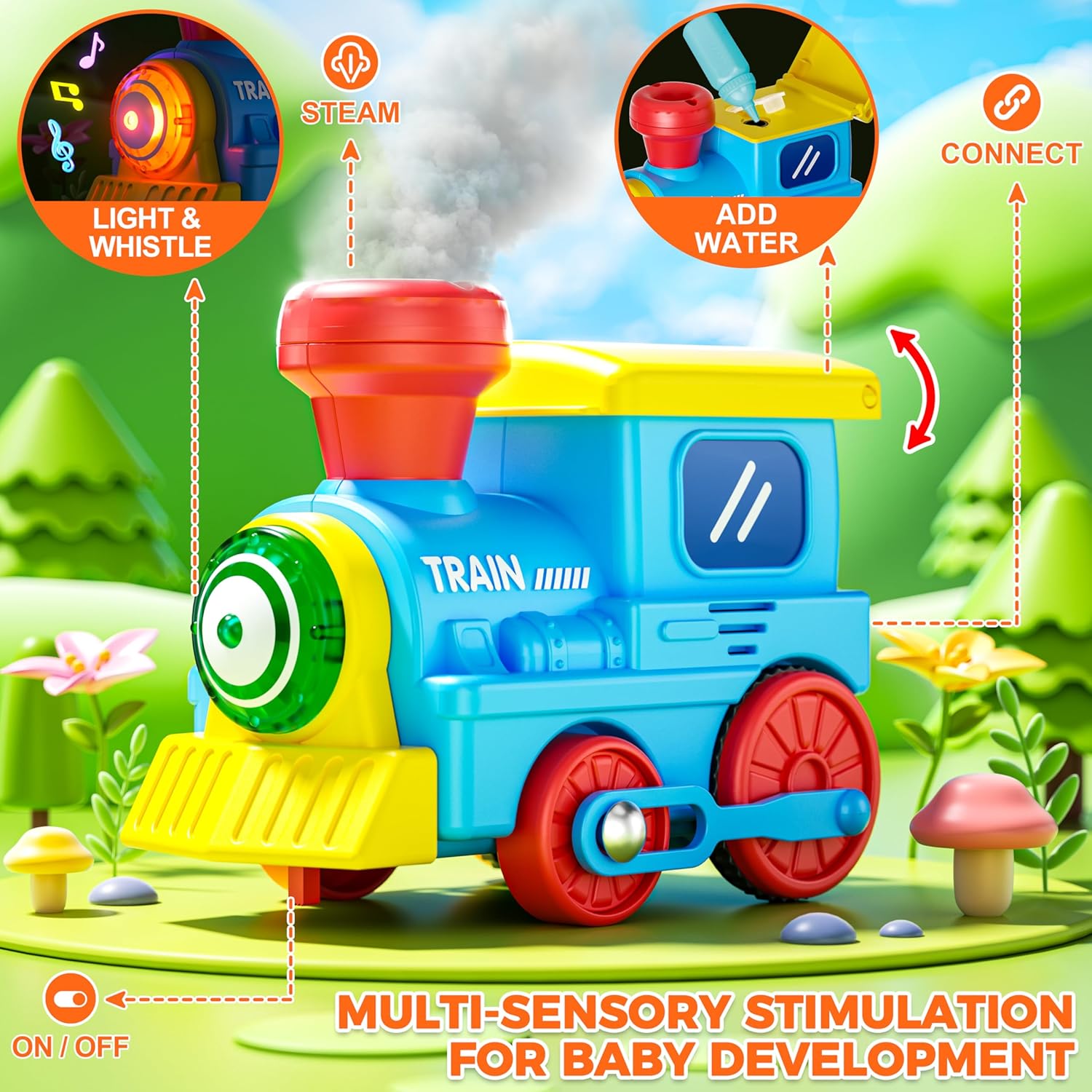 Detalle de Train Set for Toddlers with Steam, Music & Lights — Montessori Electric Train Toy with Dinosaur Cars & Tracks
