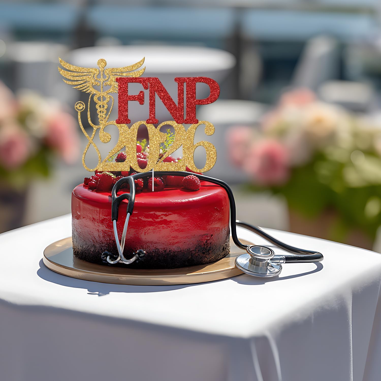 Detalle de Yotawebery FNP 2026 Graduation Cake Topper, Gold and Red Glitter