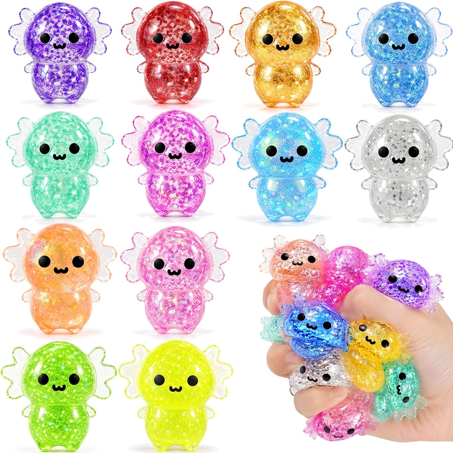 Detalle de 12-Pack Axolotl Squishy Toys for Kids – Glittery Stress Balls & Fidget Set
