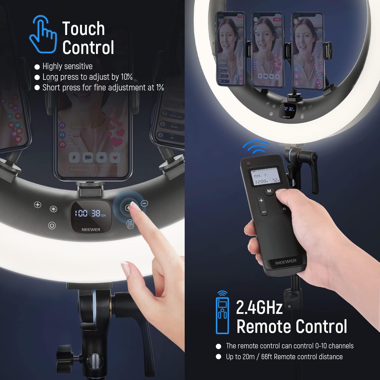 Detalle de NEEWER Ring Light RP19H da 19" con stativo e 3 portatelefono, touch 2,4G e telecomando Bluetooth