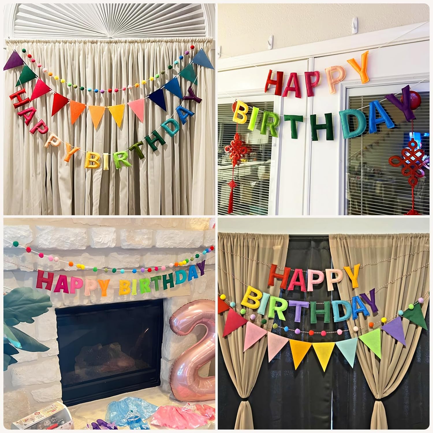 Thumbnail 4 de 4PCS Pre-Strung Happy Birthday Banner Kit – Felt Rainbow Party Decorations