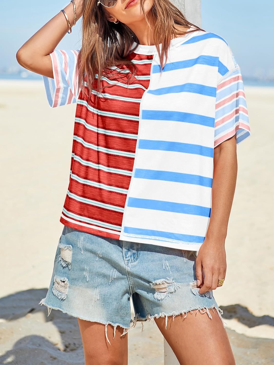 Detalle de Tankaneo Women's Summer Striped Color Block Tees: Loose Fit Crew Neck Short Sleeve Top