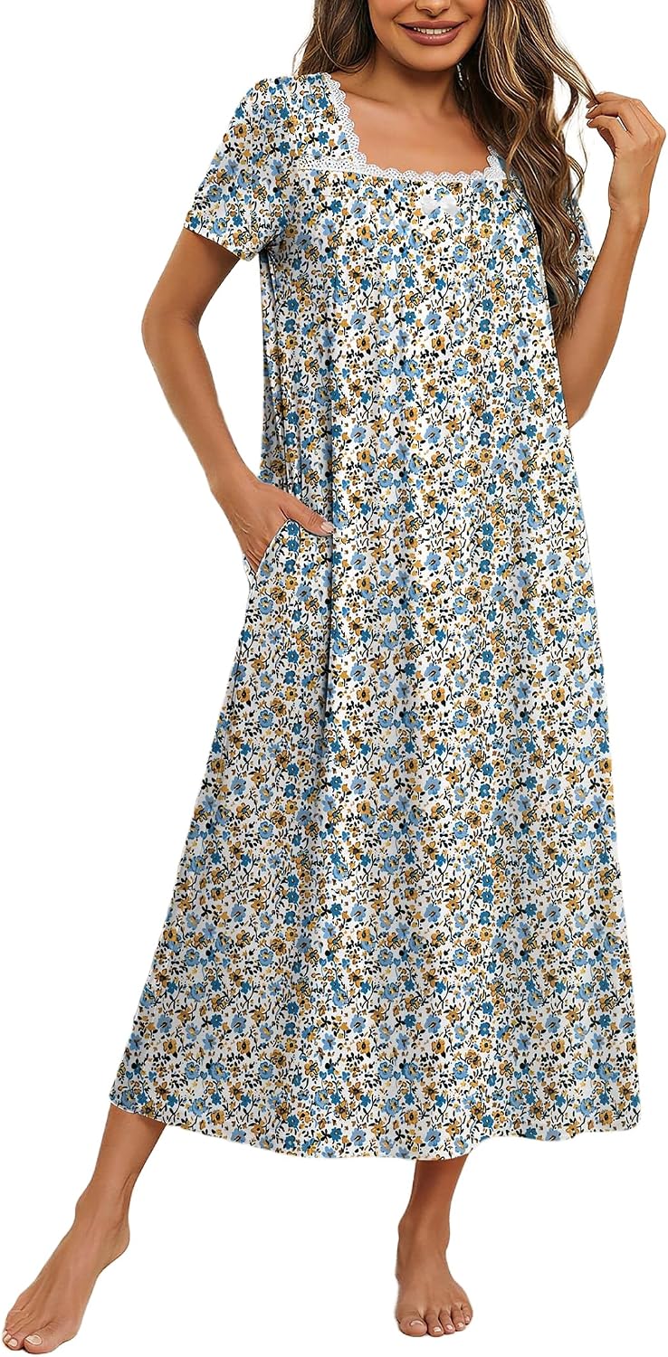 Detalle de Ekouaer Cotton Long Nightgown for Women with Lace Collar and Pockets