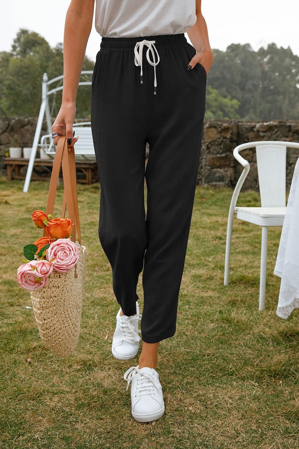 Detalle 2 de Hose Damen Leinen-Sommerhose 7/8 Casual – leichte Baumwolle-Leinenhose mit Taschen