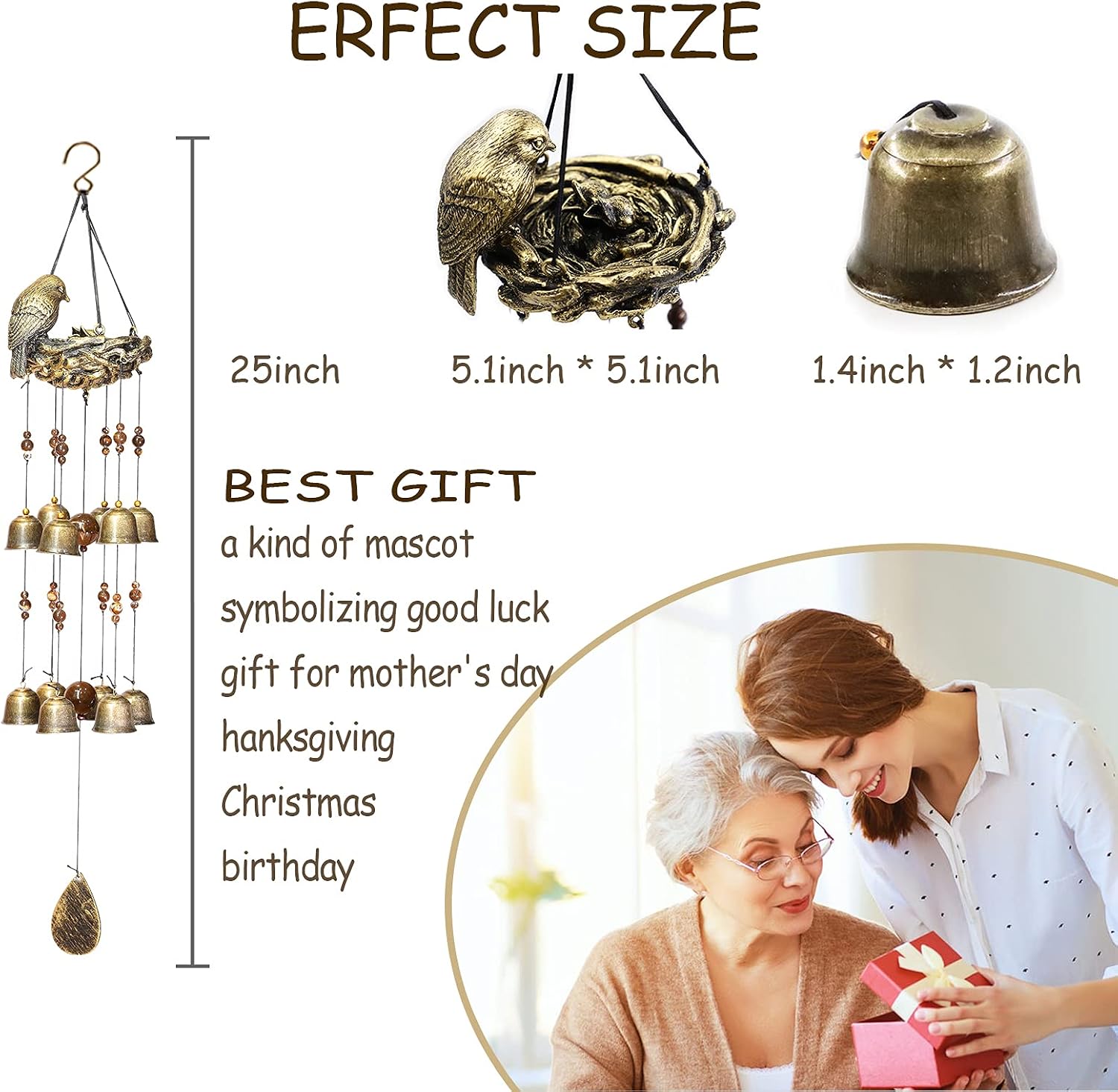Detalle 1 de Askhald Bird Nest Wind Chime, Bronze Resin Nest and 12 Copper Alloy Bells