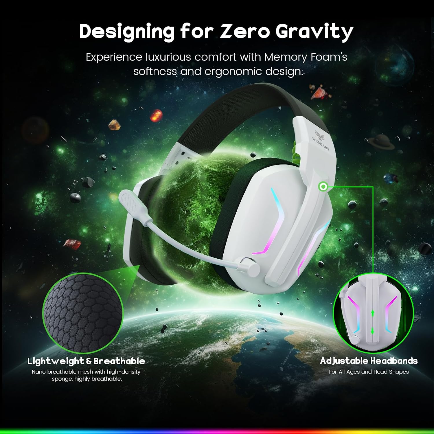 Thumbnail 6 de WESEARY Gaming Headset Wireless mit Mikrofon – 2,4 GHz & Bluetooth, 50 mm Treiber, ENC, lange Akku-Laufzeit