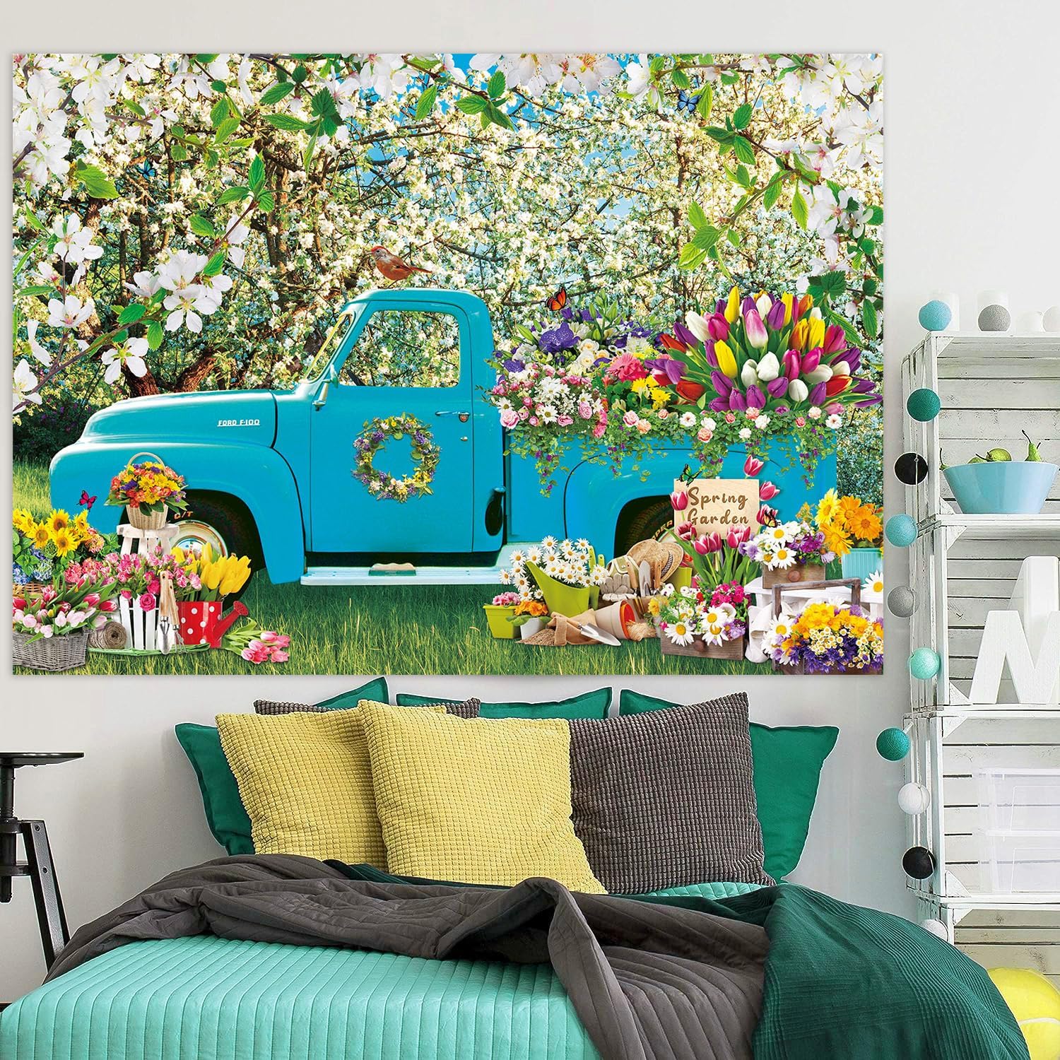 Detalle de BINQOO Frühlingsblumen-Hintergrund mit blauem LKW (Vinyl), 2,1 m x 1,5 m – Fotografie- & Deko-Backdrop für Frühling/Ostern