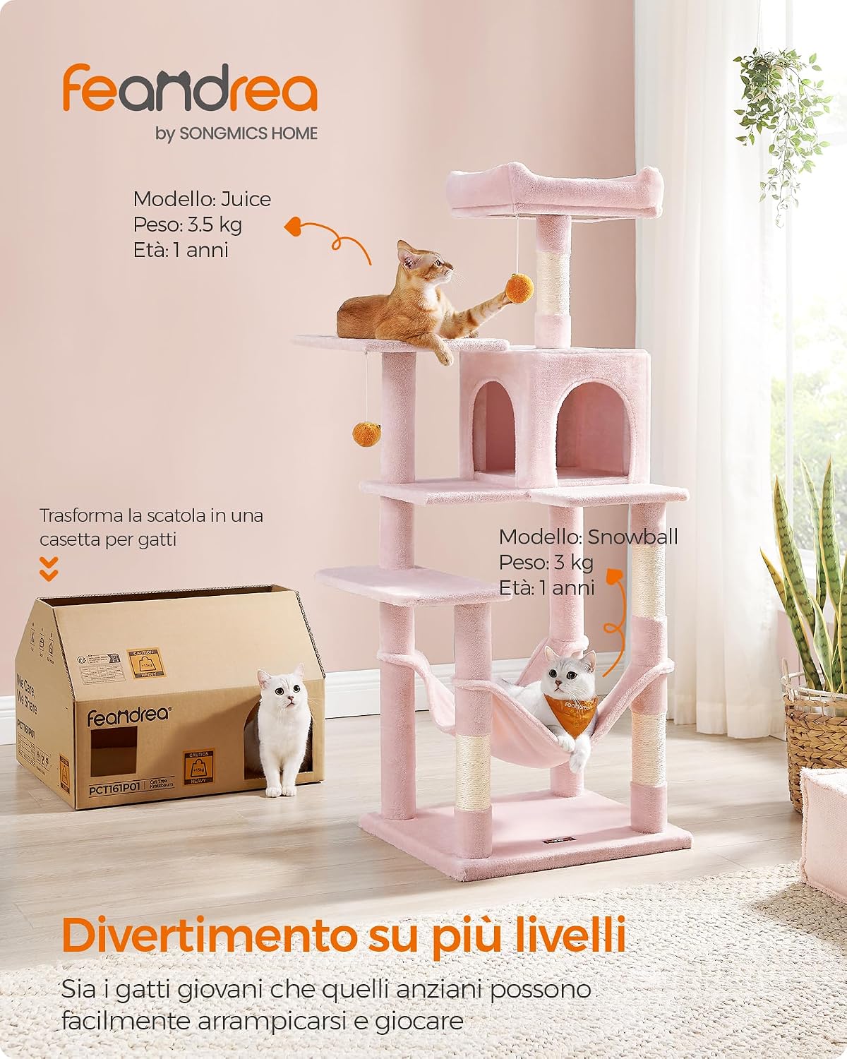 Detalle de Feandrea Albero per Gatti Alto 143 cm, tiragraffi multifunzione in peluche rosa pastello