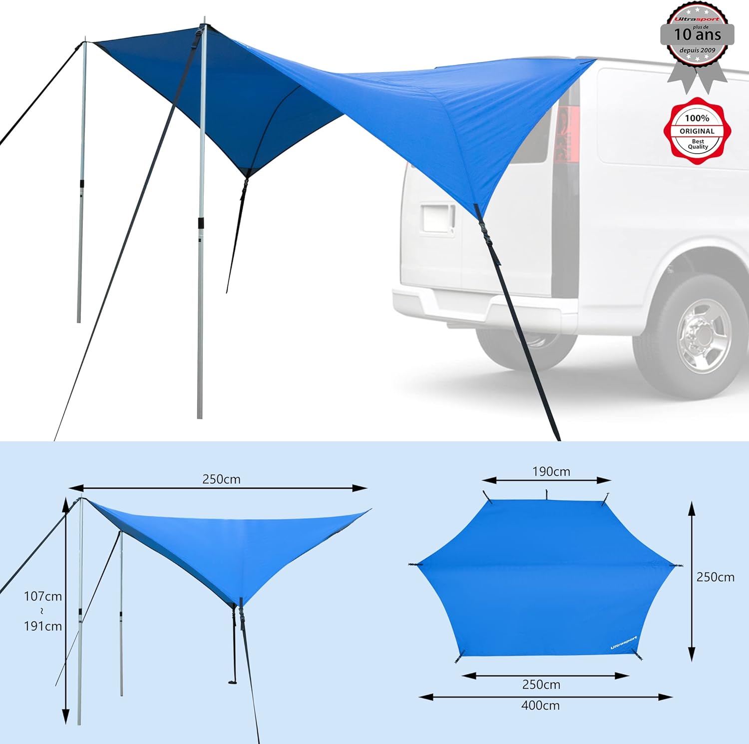 Detalle 2 de Ultrasport Auvent de voiture – protection solaire et pluie pour voiture, fourgon et camping-car (bleu)