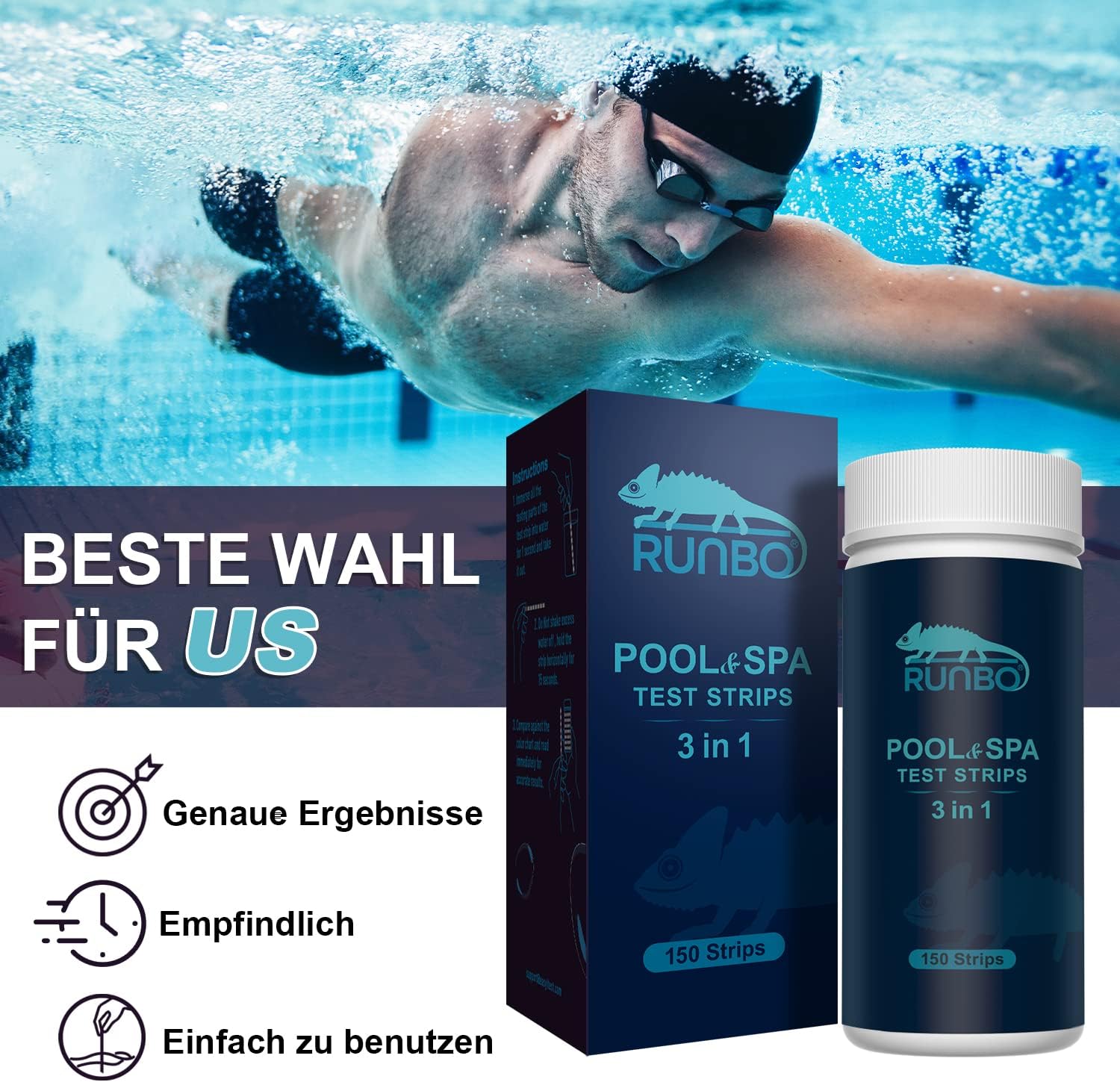 Thumbnail 3 de RUNBO 3-in-1 Pool-Teststreifen für Spa (150 Stäbchen) – Test auf freies Chlor, Brom, Alkalinität und pH