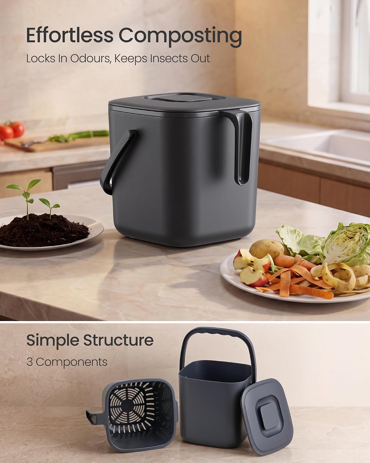 Detalle de SONGMICS LTB214GZ01 4 Litre Kitchen Compost Bin, Dark Grey with Strainer