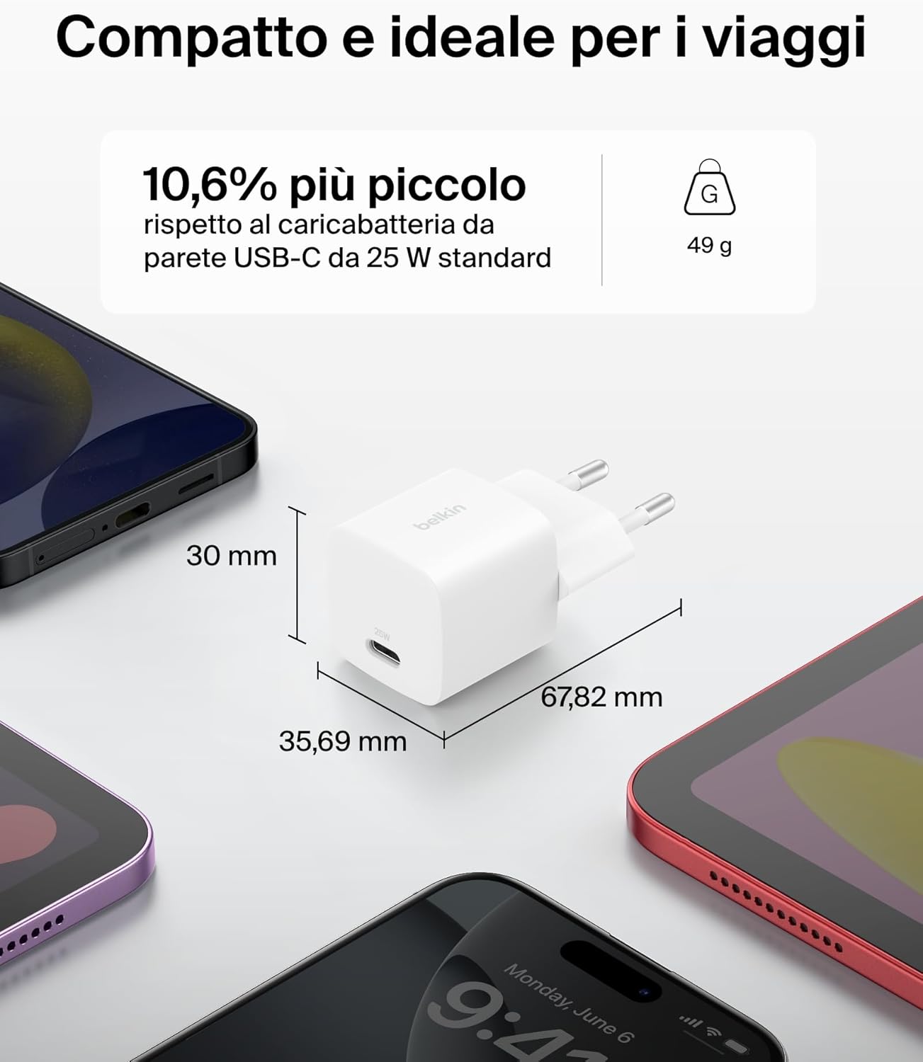 Detalle de Belkin Caricatore USB-C da 25 W: ricarica rapida PD 3.0 con PPS, compatibile con iPhone, Galaxy, Pixel e altro