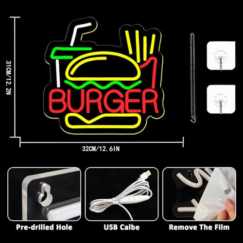Thumbnail 2 de Panneau Néon Burger UExnkj-Y — 32 × 31 cm, LED SIlicone, ambiance snack avec frites et cola