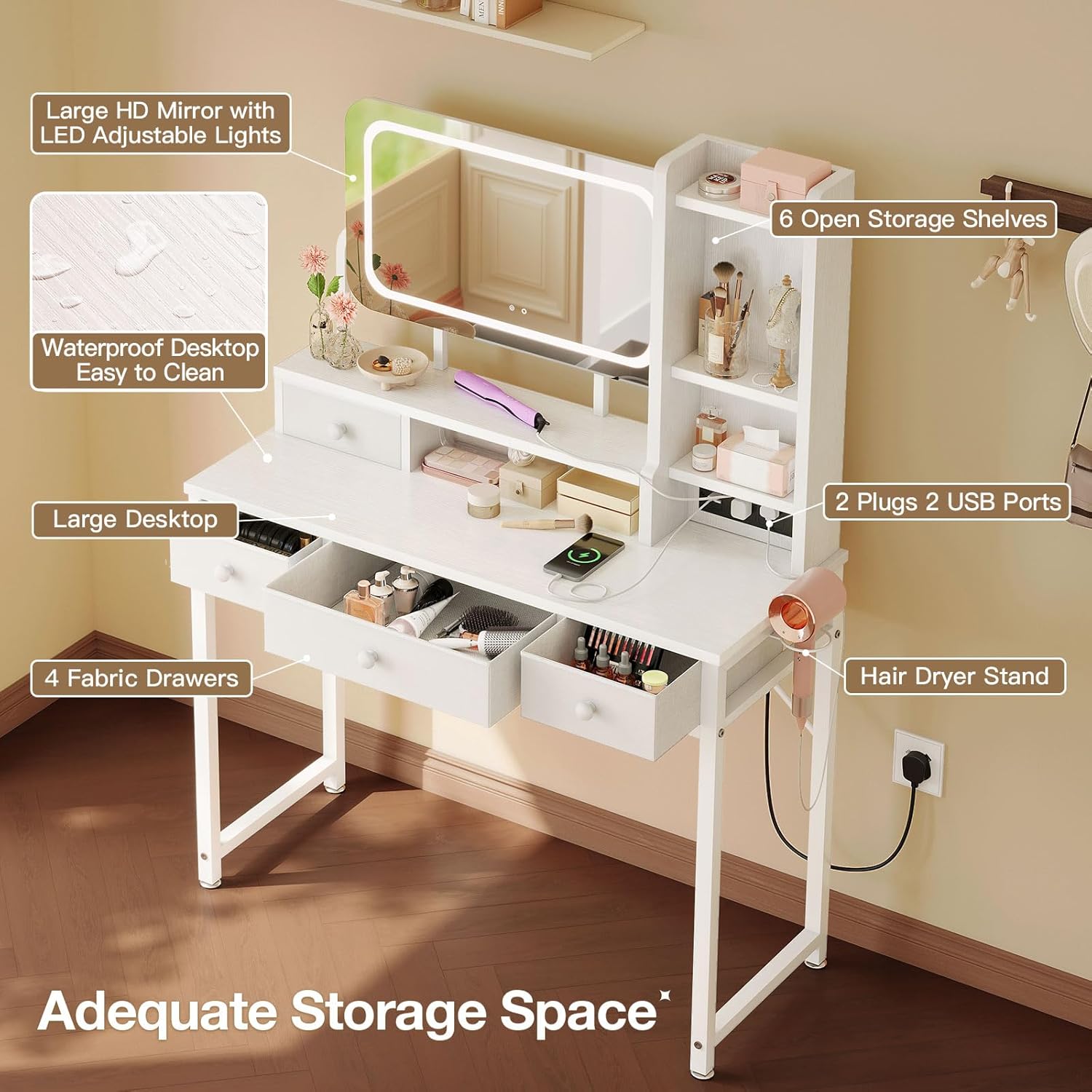 Detalle de ODK Dressing Table, Adjustable LED Mirror