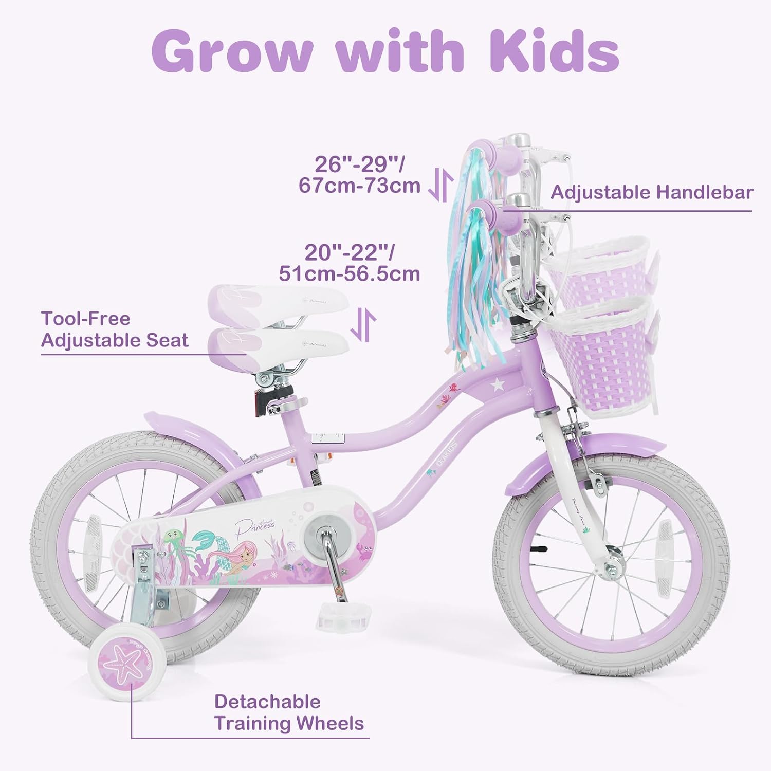 Detalle de Olakids Mermaid Theme Kids Bike — 12–20 Inch Bicycle with Training Wheels, Basket, Adjustable Seat and Handlebar