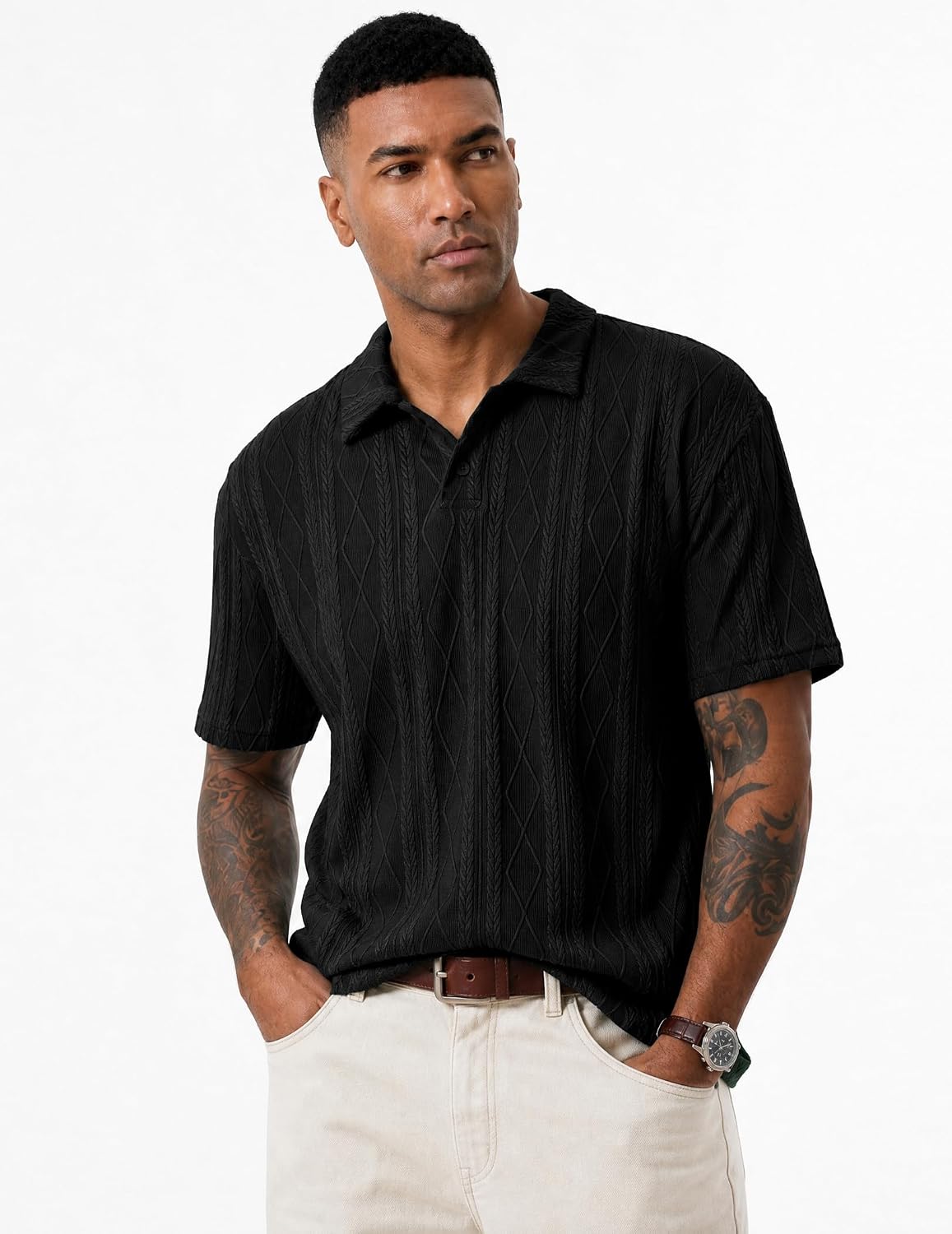 Detalle 2 de JMIERR Men's Polo Shirt Textured Knit Button Casual Short Sleeve