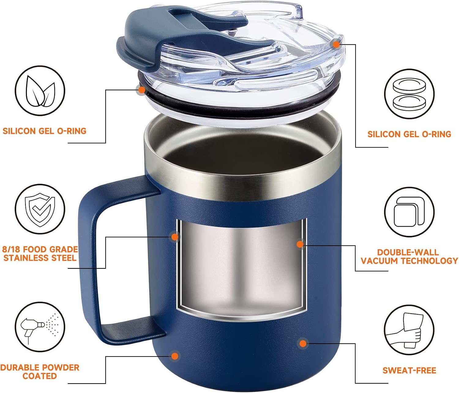 Detalle 2 de ALOUFEA 12oz Insulated Stainless Steel Coffee Mug with Handle and Flip Lid (Navy)
