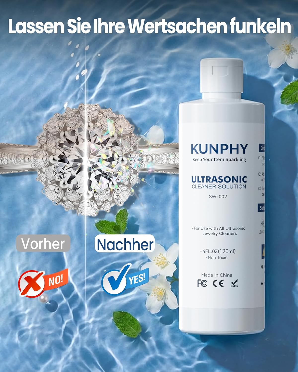 Detalle de KUNPHY Ultraschallreiniger Konzentrat (120 ml) für Schmuck, Brillen, Silber und Uhren