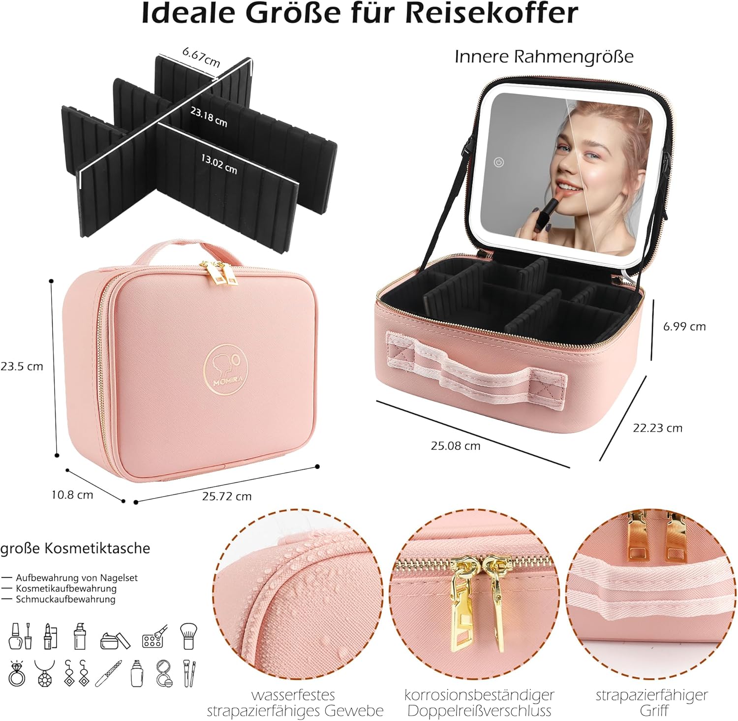 Detalle 2 de MOMIRA Reise-Make-up-Tasche mit beleuchtetem Spiegel – Rosa