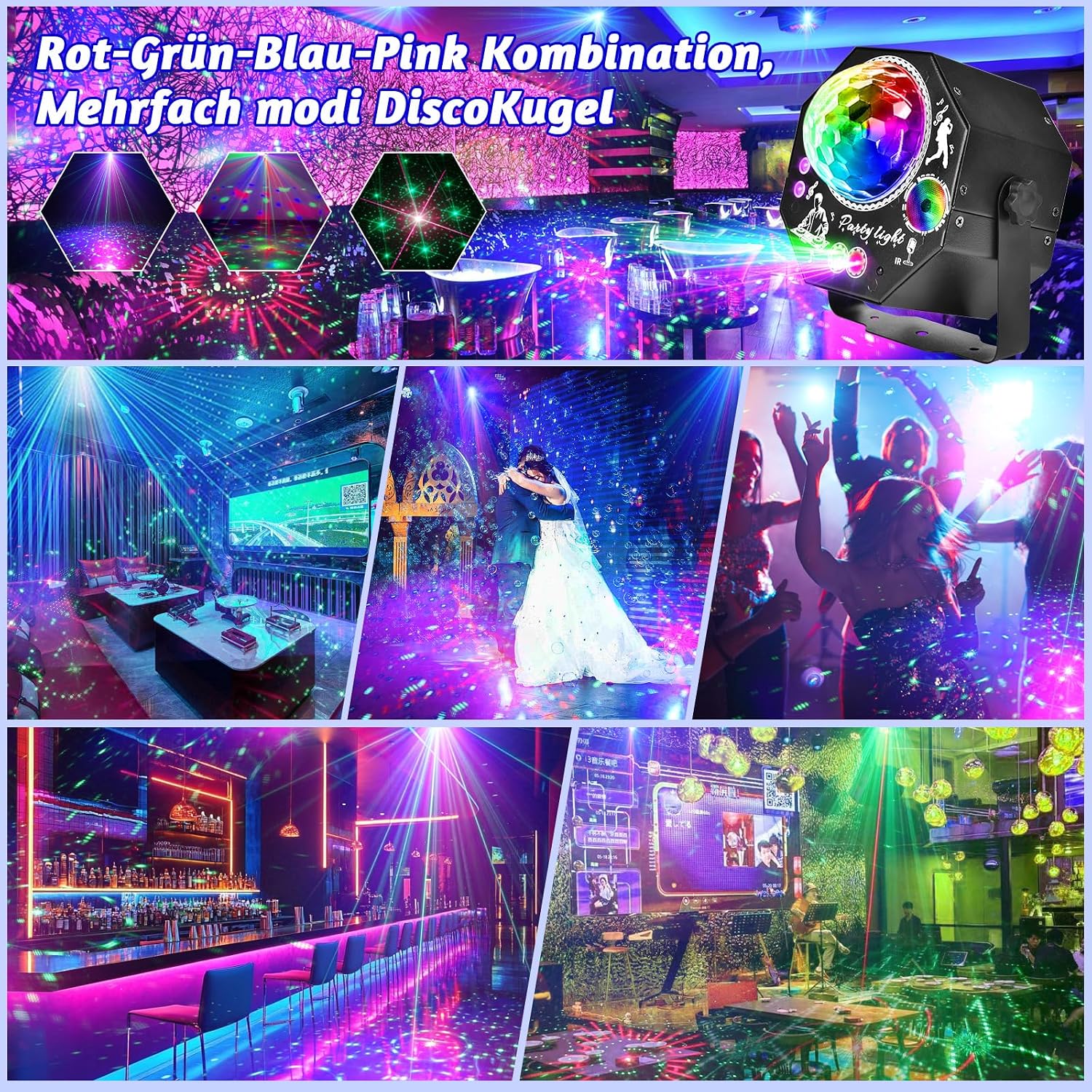 Detalle 2 de 4-in-1 Discolicht Partylicht mit Fernbedienung – 75 Effekte, RGB/UV, Musikgesteuert