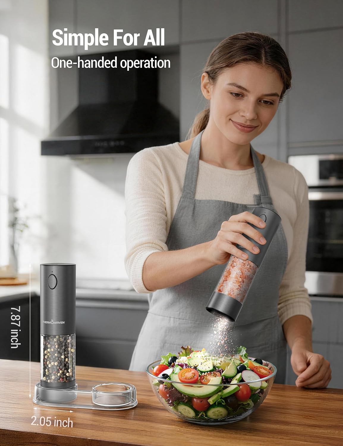 Detalle de ThermoMaven Electric Salt & Pepper Grinder Set (110ml) – Large Capacity, Rechargeable, LED