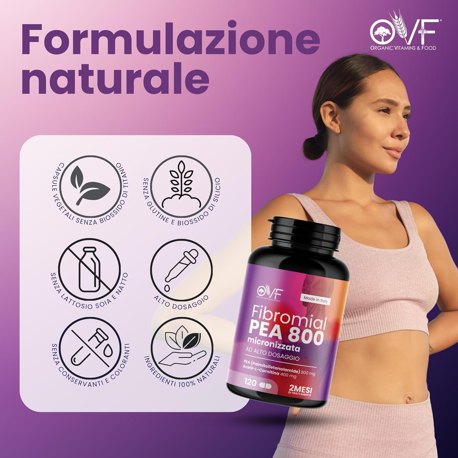 Detalle de OVF Fibromial PEA 800 120cps – Integrazione naturale per benessere di nervi e muscoli