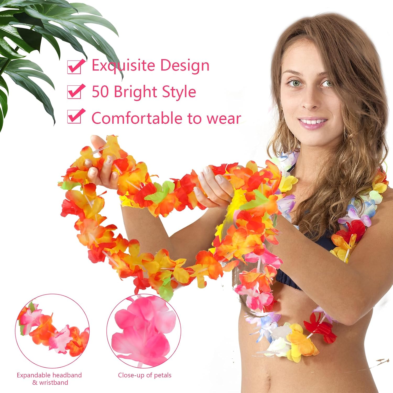 Detalle de Amicably 50 Pieces Hawaiian Leis Party Decorations – 50 Styles Flower Garlands Bulk