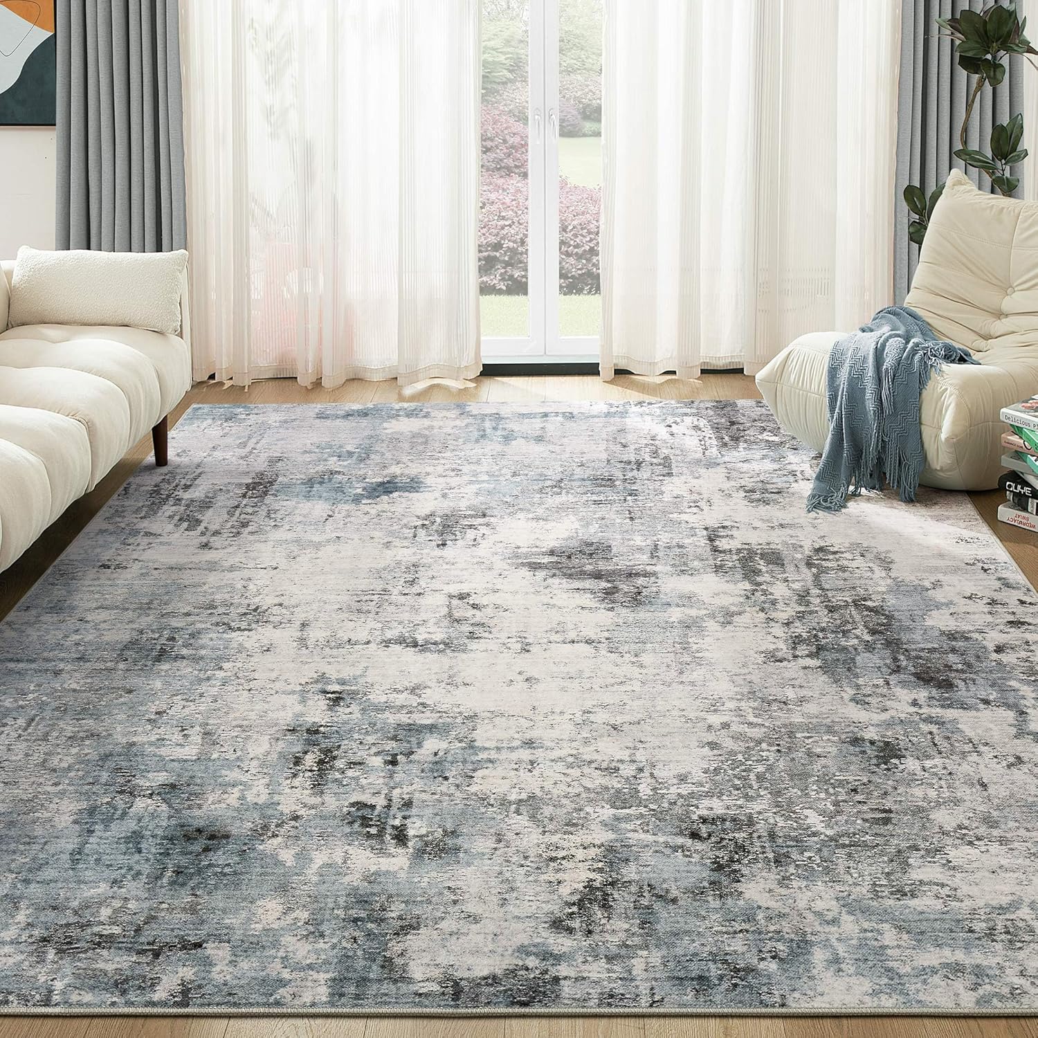 Thumbnail 4 de TARANCH Washable Rug 9x12: Modern Abstract Grey-Blue Comfort for Living Spaces