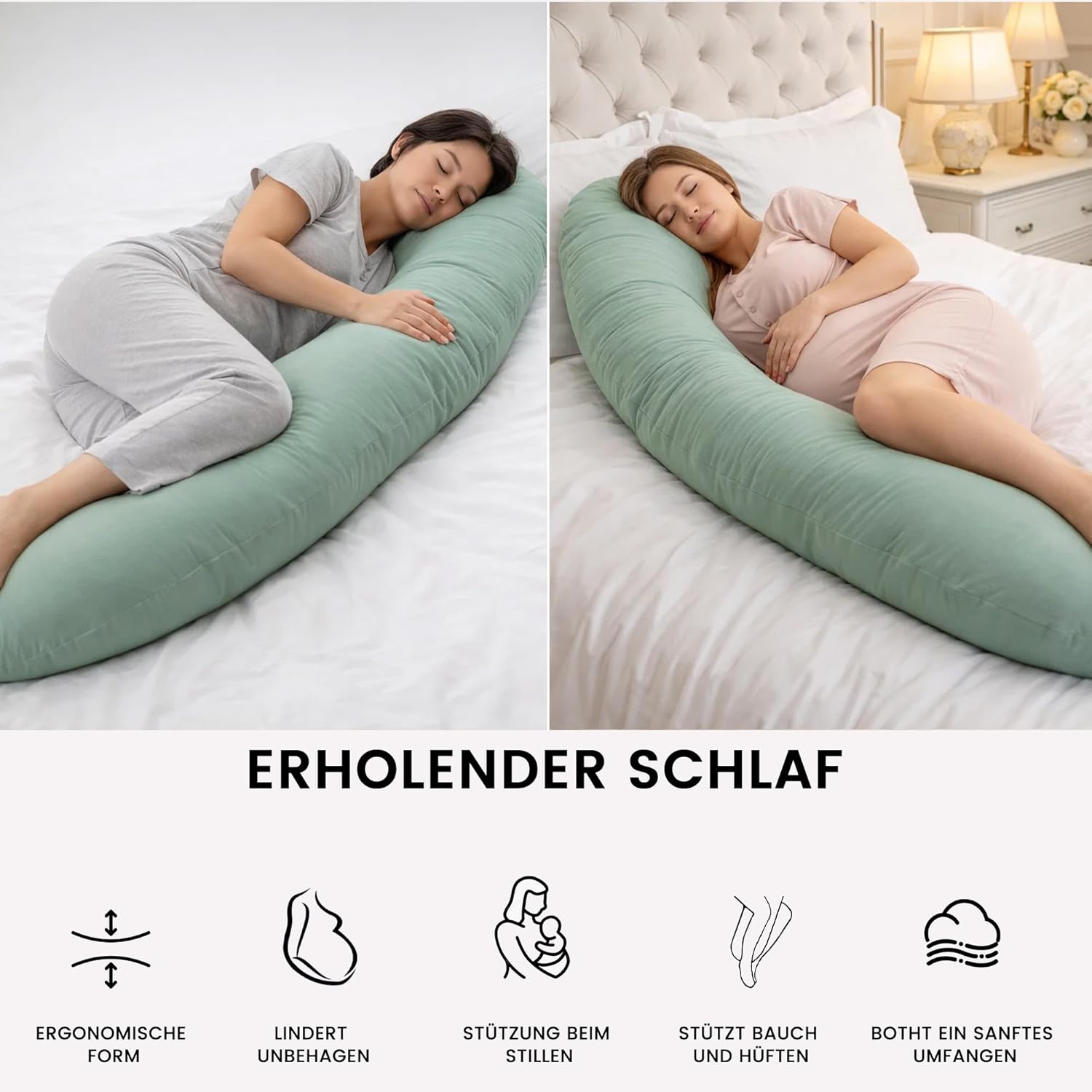 Thumbnail 2 de CALIYO Stillkissen XXL 190 × 32 cm – Seitenschläferkissen & Schwangerschaftskissen mit abnehmbarem, waschbarem Bezug (Hellgrün)