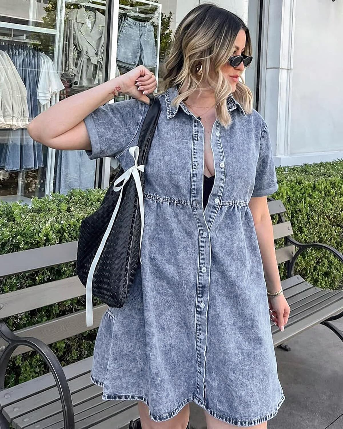 Detalle de GRAPENT Denim Dress for Women Babydoll Tiered Short Sleeve Button Down Jean Shirt Dresses