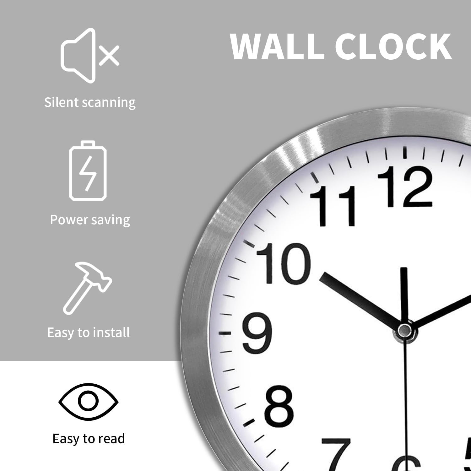Detalle 2 de 12 Inch Metal Frame Glass Cover Non-ticking Quartz Wall Clock (Silver) for quiet indoor timekeeping