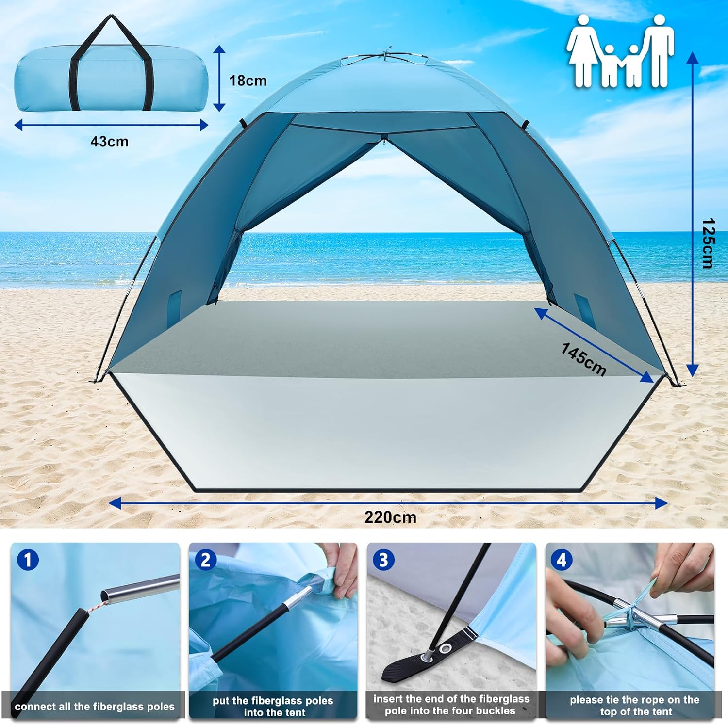 Detalle de Beach Tent for 3–4 People: Portable UV‑50+ Sun Shelter with Porch
