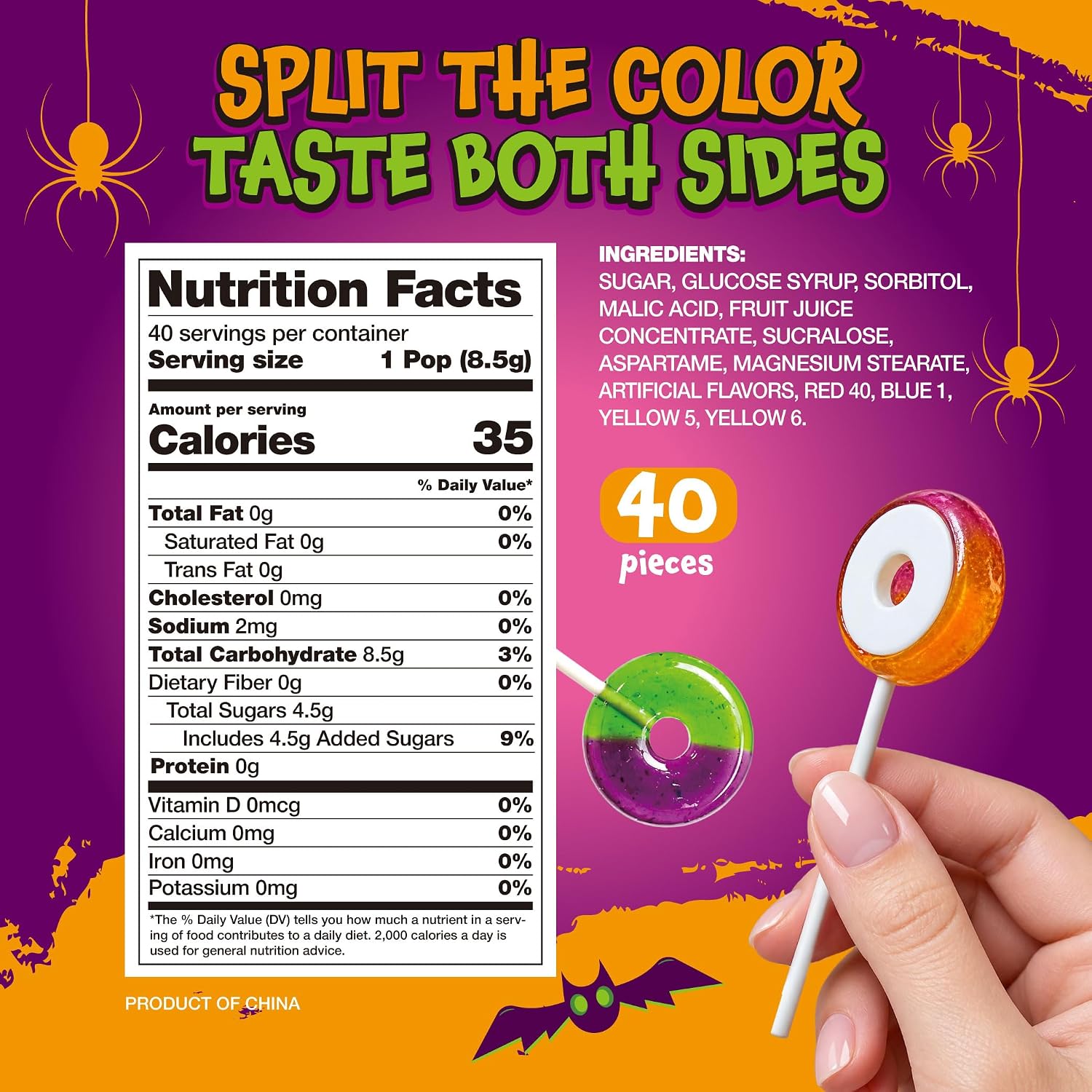Detalle de FUNTASTY Halloween Lollipops, 40 Count, Individually Wrapped Sweet & Sour Candy