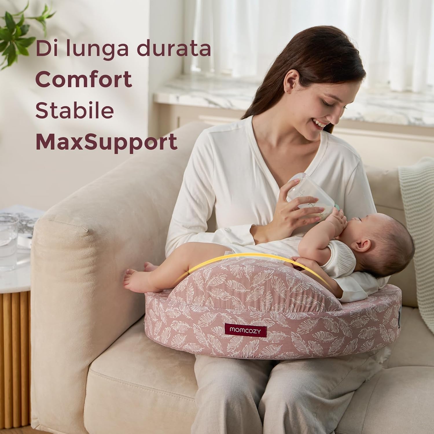 Thumbnail 6 de momcozy Cuscino da Allattamento con Barriera di Sicurezza: Memory Foam Rigido ed Elastico, Supporto Ergonomico Extra Large, Fodera Rimovibile, Colore Foglie Rosa