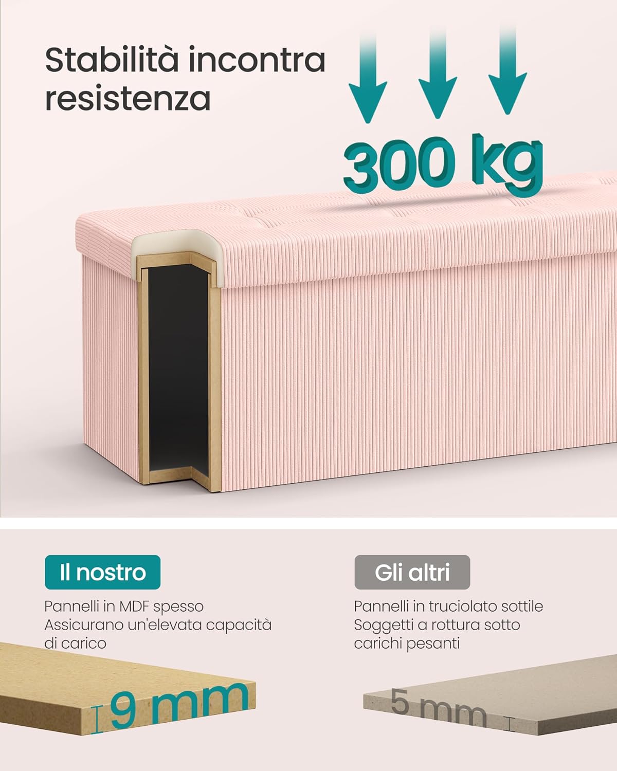 Thumbnail 4 de SONGMICS LSF604R01 panca contenitore pouf pieghevole rosa pastello 38 x 110 x 38 cm
