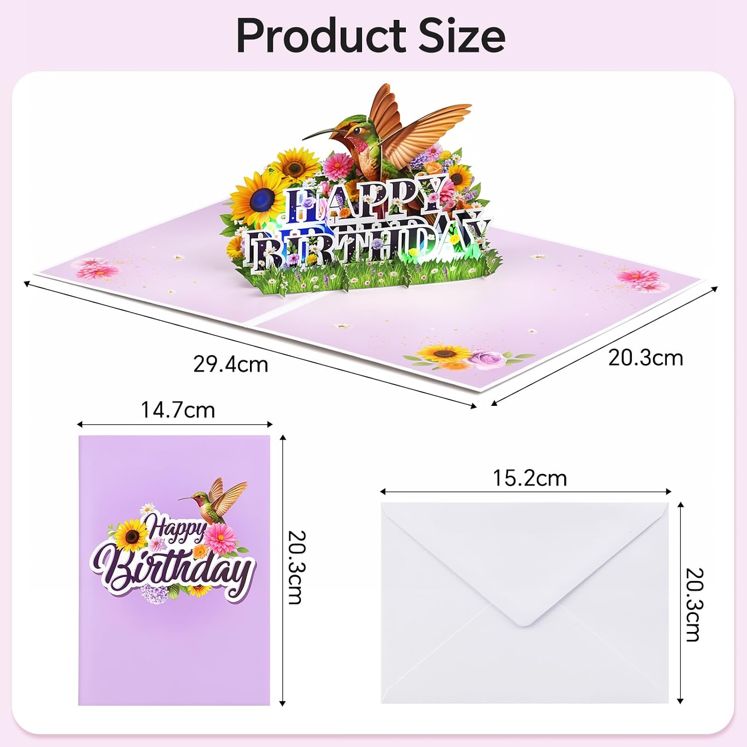 Detalle de Birthday Card: 3D Pop-Up with Music & Light – Hummingbird Flowers