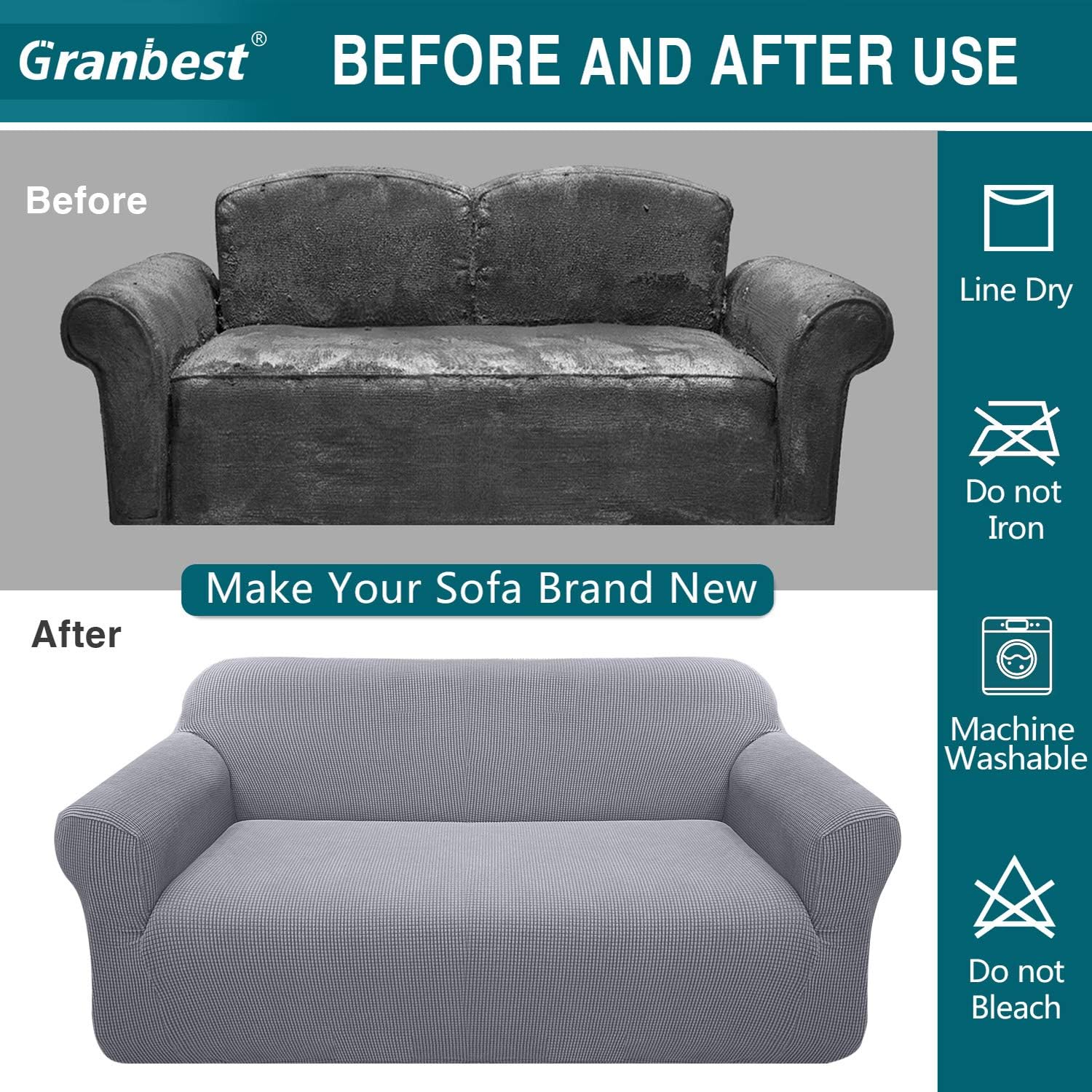 Detalle de Granbest High Stretch Sofa Covers 3 Seater – Light Gray non-slip super soft jacquard spandex sofa slipcover