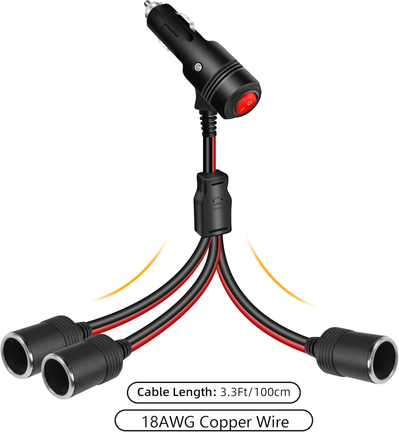 Thumbnail 4 de GELRHONR 12V car cigarette lighter splitter extension cable with on/off switch (1 to 3 ports, 15A fuse)