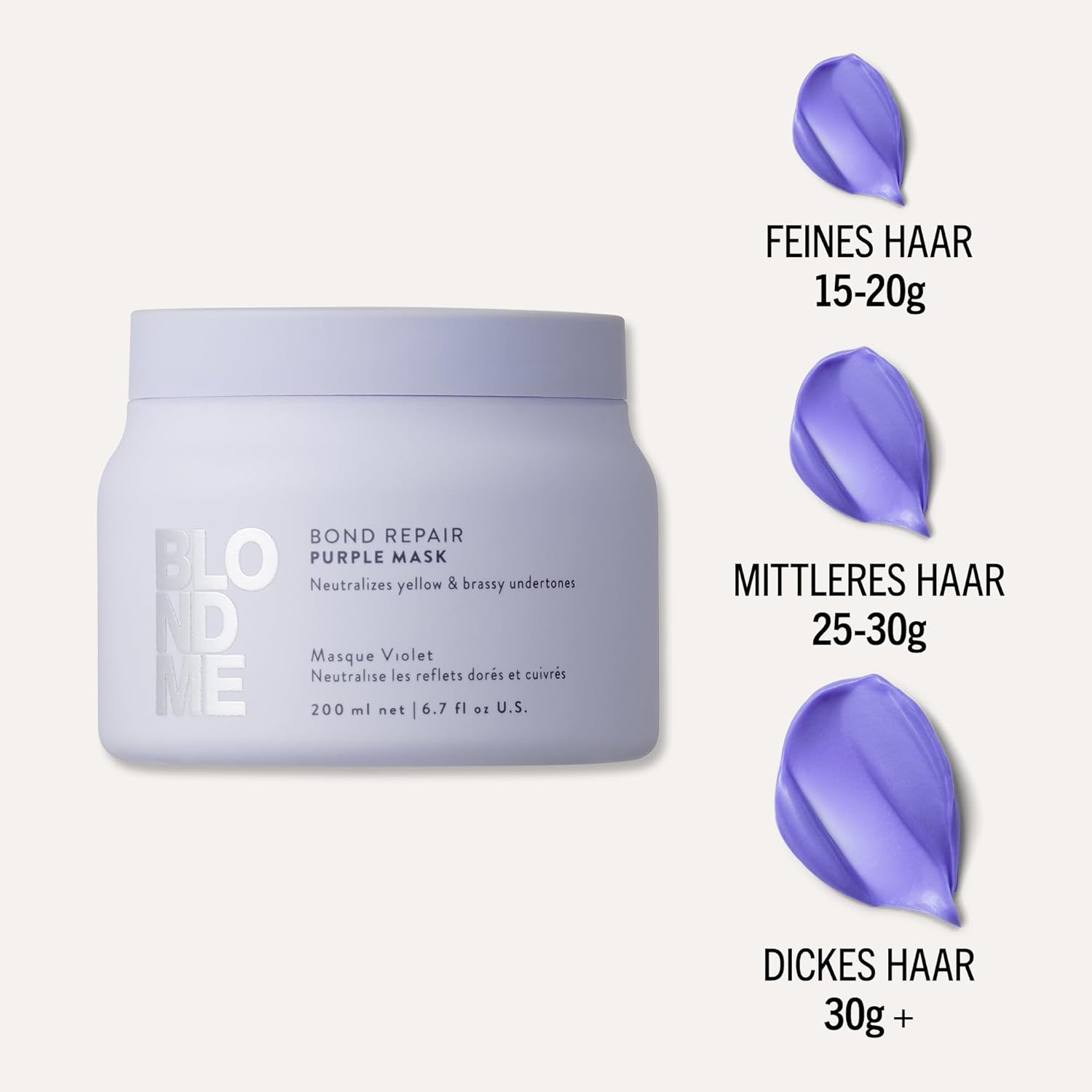 Detalle de BLONDME Bond Repair Purple Mask – Ausgleichende Haarpflege für gefärbtes Blondhaar (200 ml)