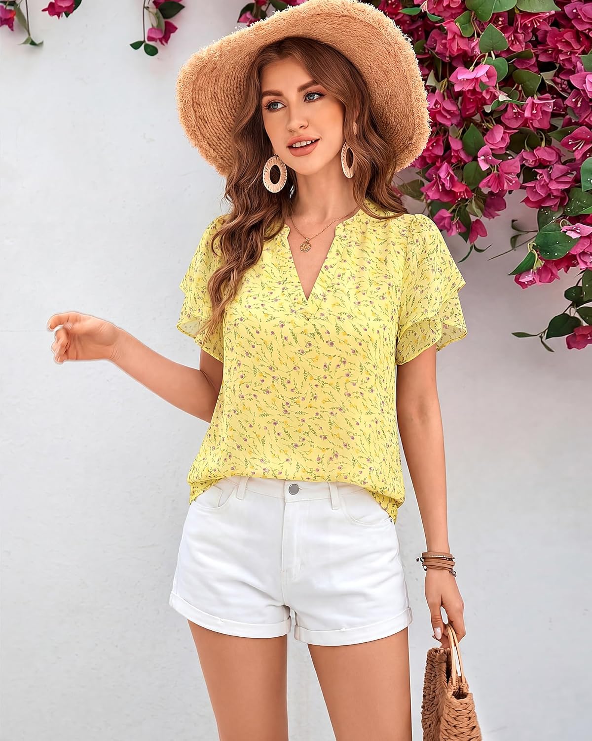 Thumbnail 6 de Lotusmile Womens Dressy Chiffon Blouses Summer Puff Petal Short Sleeve V Neck Top