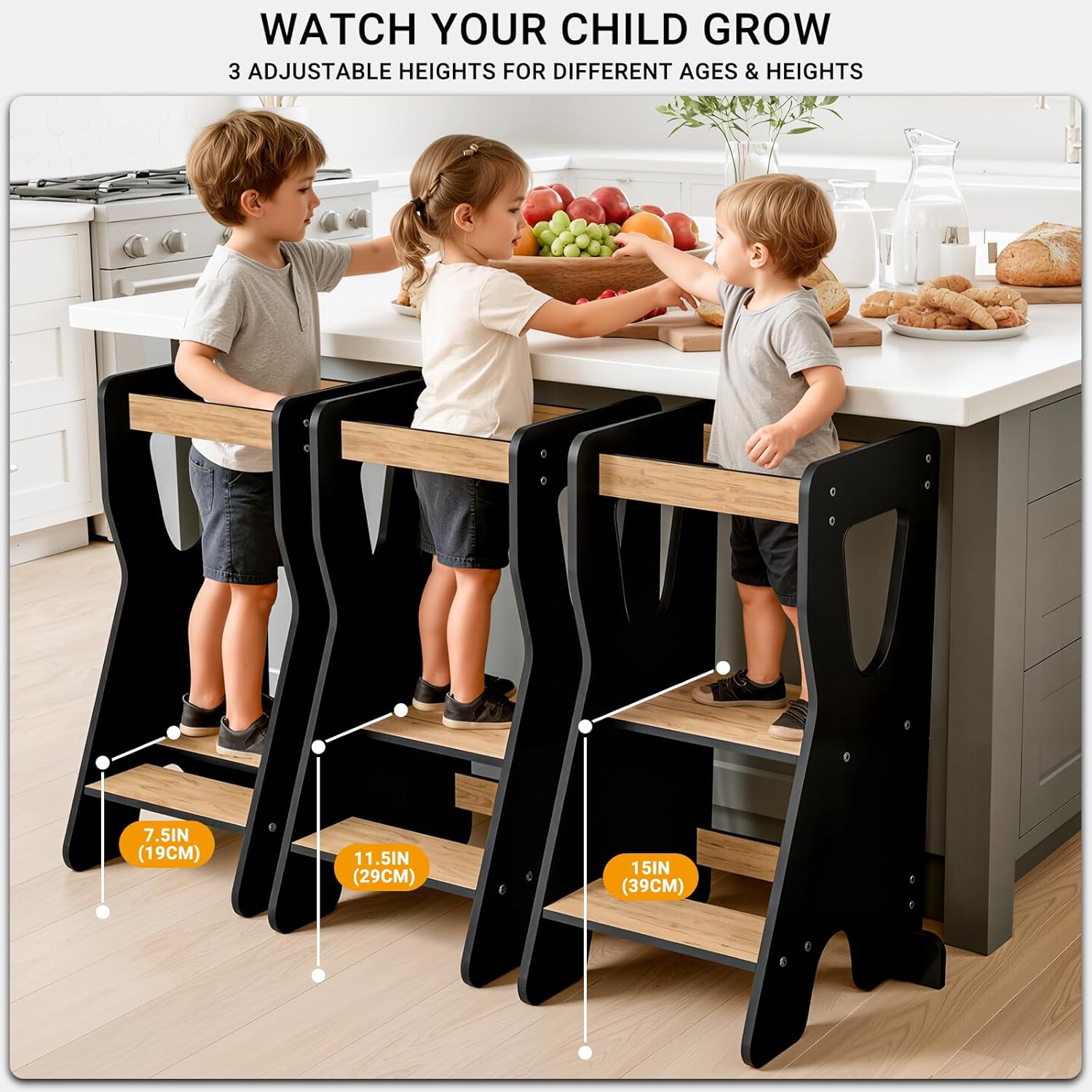 Thumbnail 3 de COSYLAND Toddler Standing Tower for Kitchen Counter – Adjustable, Stable Baby Counter Stool (Black & Natural)