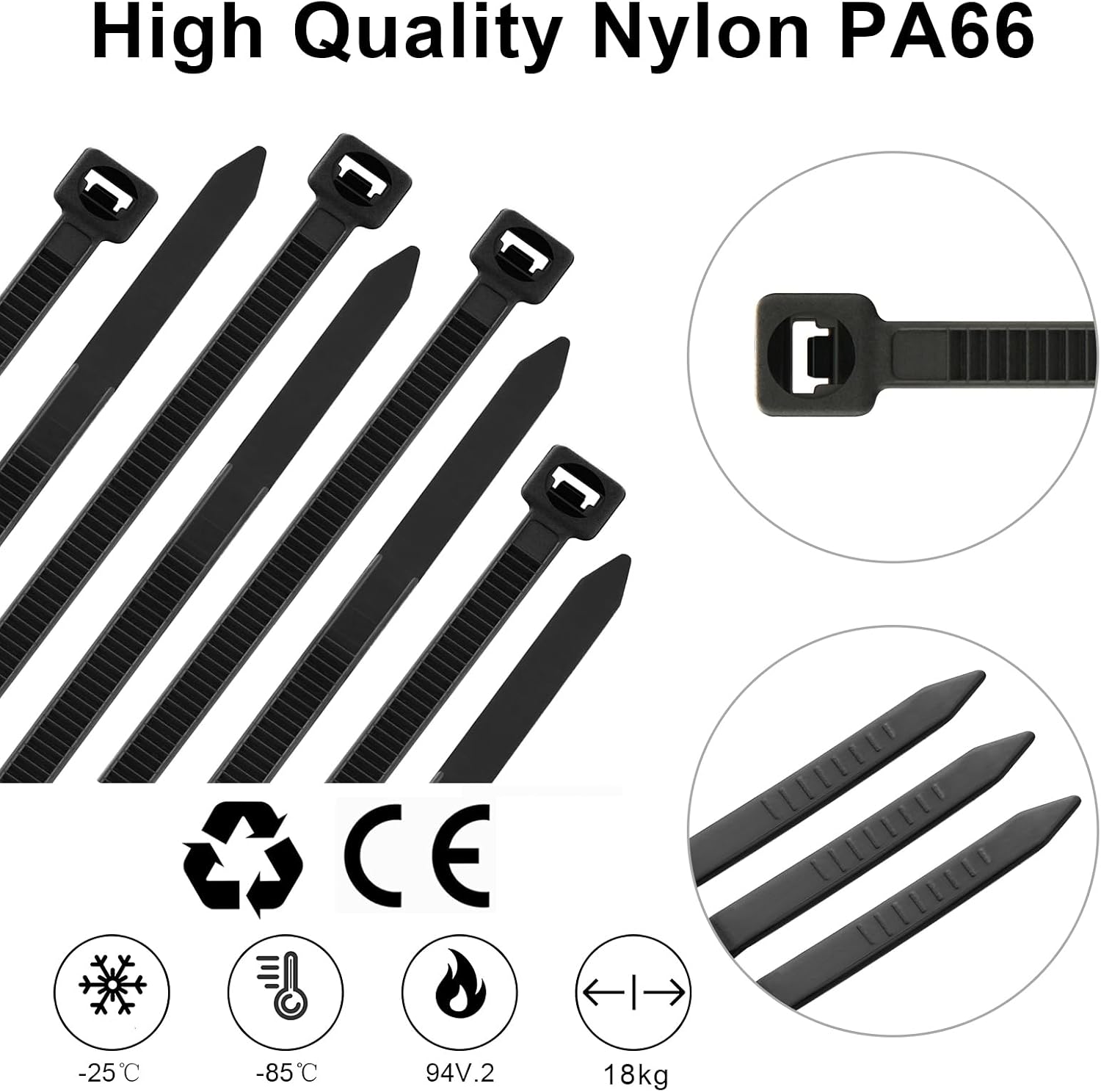 Detalle de 1000 Stück Kabelbinder Schwarz 150 x 3,6 mm (18 kg Zugfestigkeit) – UV-beständig, Nylon PA66, selbstsichernd