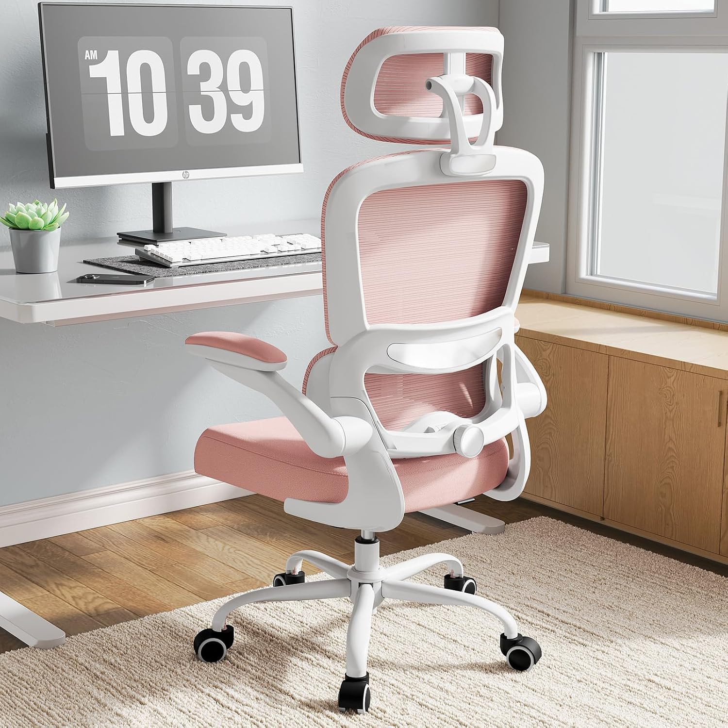 Detalle de TRALT Bürostuhl ergonomisch mit verstellbarer Lordosenstütze, Kopfstütze und 150 kg Tragkraft – rosa